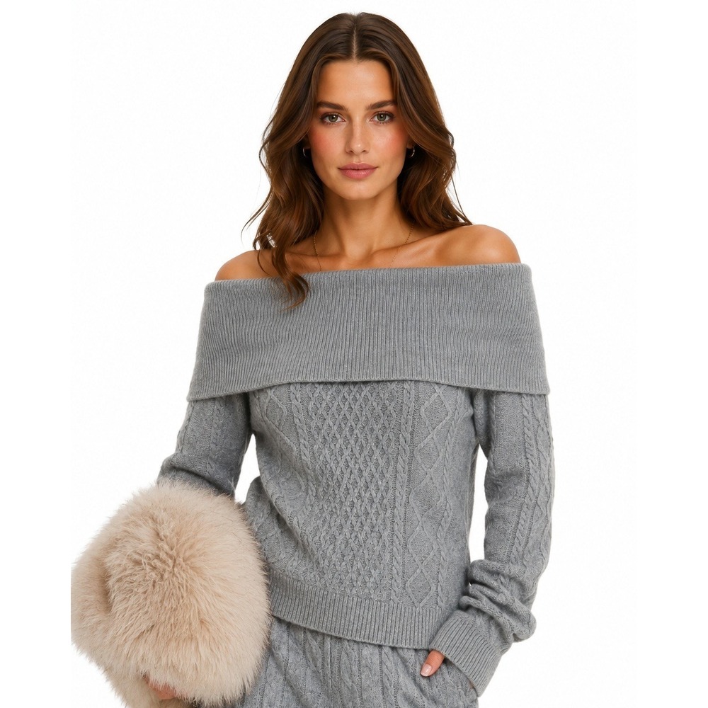 H&M Divided Gray Off The Shoulder Cable Knit Sweater XXS Gray NWT